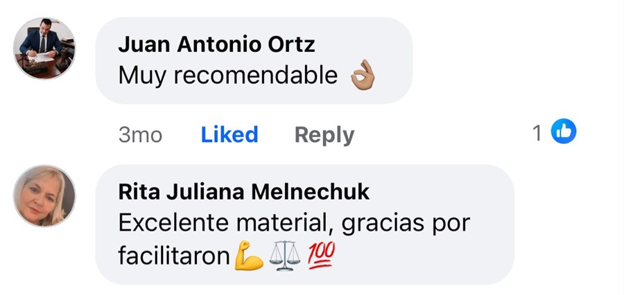 Comentarios públicos en Facebook: «Muy recomendable» y «Excelente material»